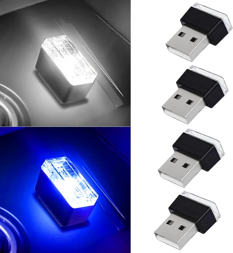 Hbxdeco 4 PCS USB LED Car Interior Atmosphere Lamp, Portable Mini Auto LED Decor Night Light, Plug-in USB Interface Ambient Lighting Kit, Universal Car Interior Accessories(White+Blue) - Image 1